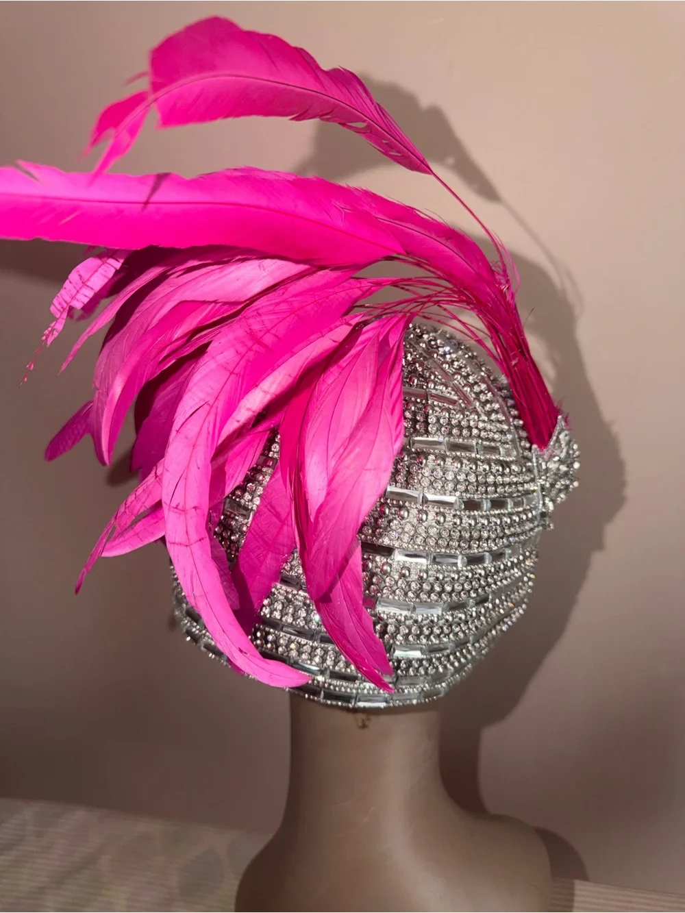 Crystal Beaded Flapper full dome cap with Hot Pink Feathers